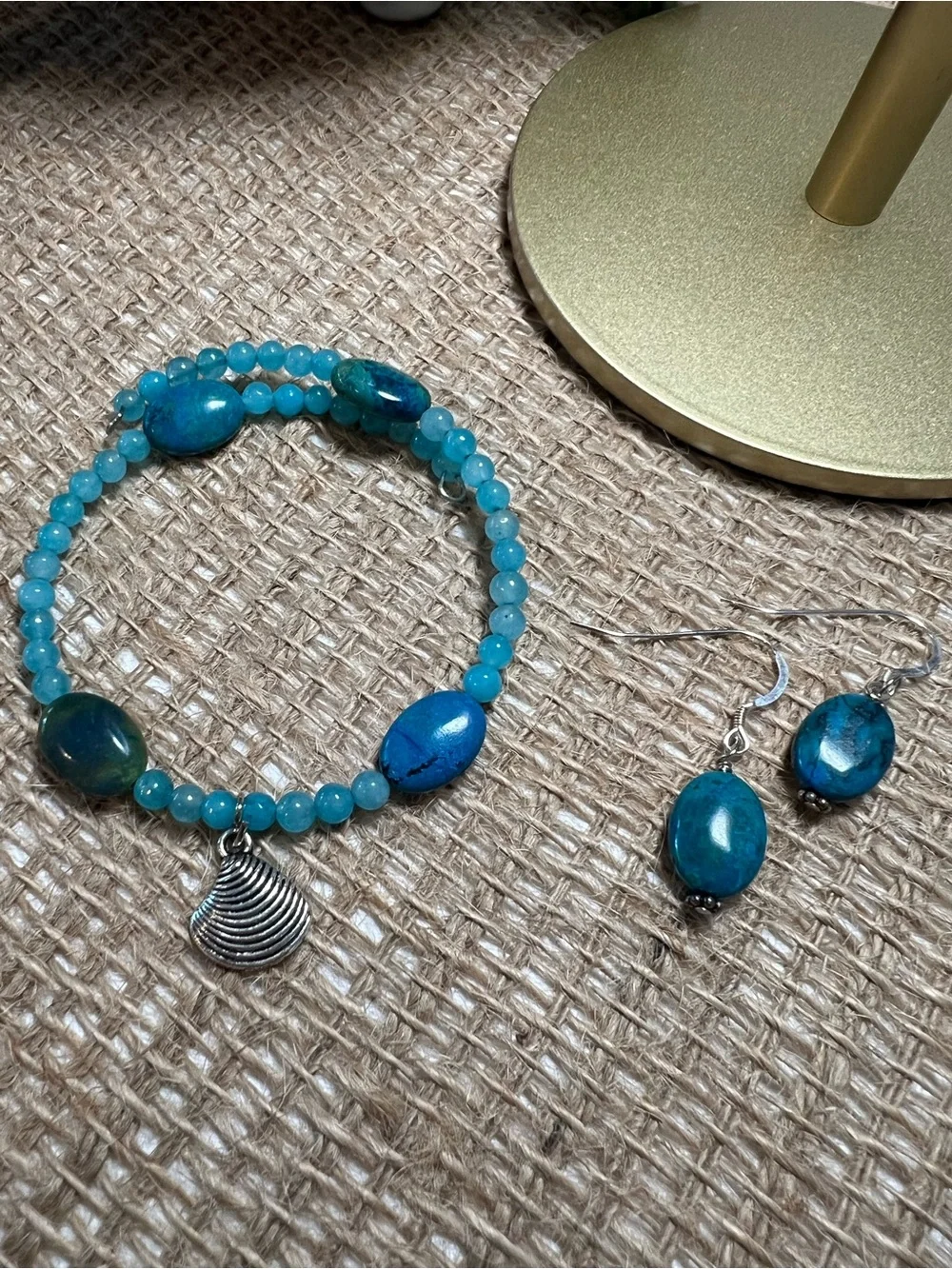 Turquoise Bead memory wire Bracelet and Earrings Set - Women Jewelry